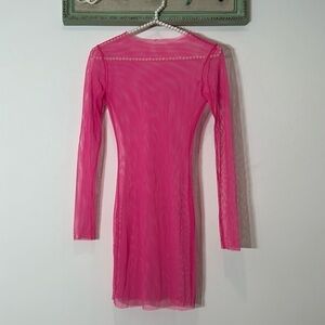 Barbie plastic pink fish net stretch long sleeve mini dress women’s small